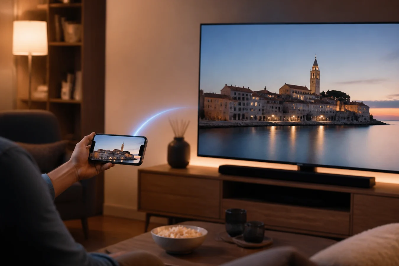 Telefon bežično povezan s televizorom u dnevnom boravku
