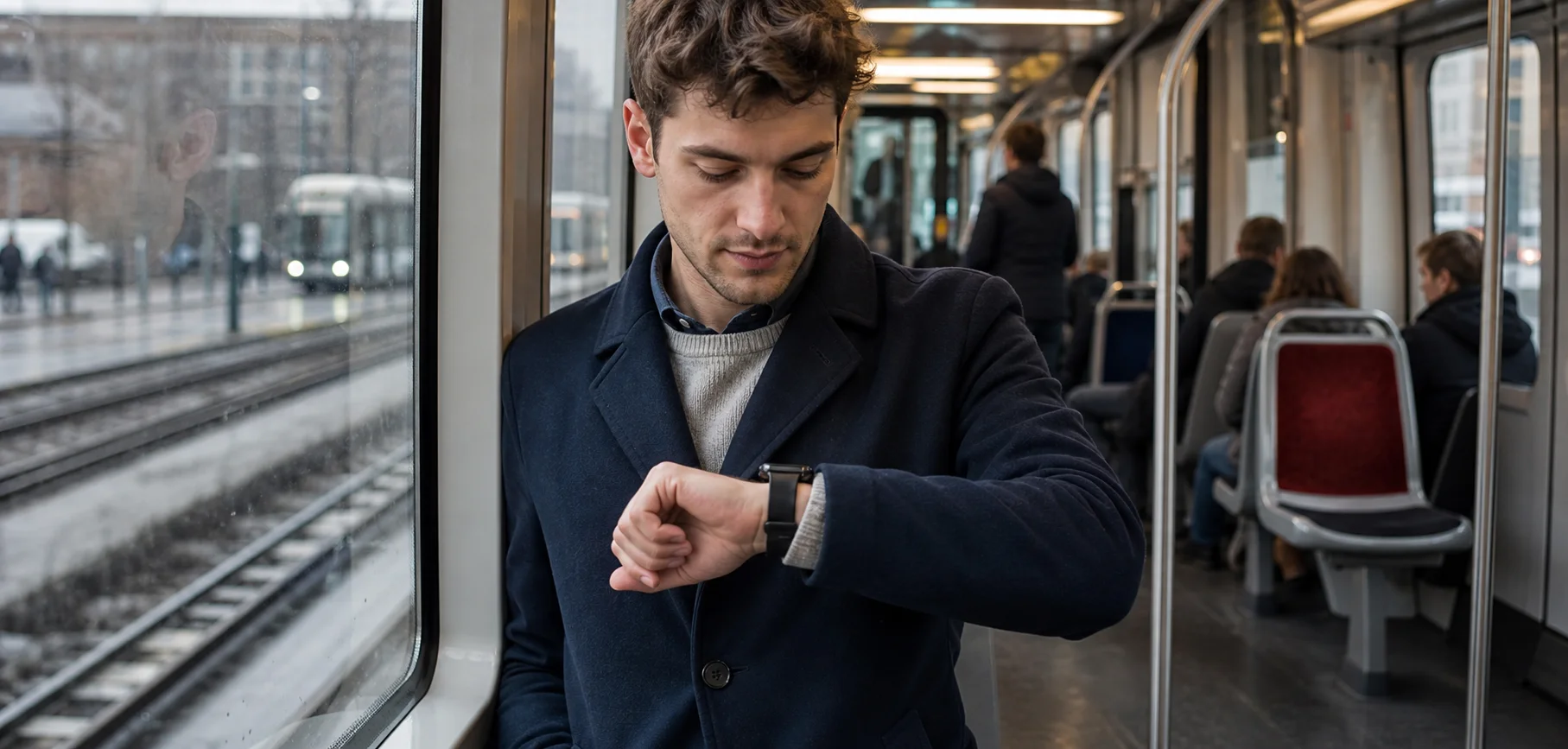 Provjera obavijesti na pametnom satu tijekom vožnje tramvajem
